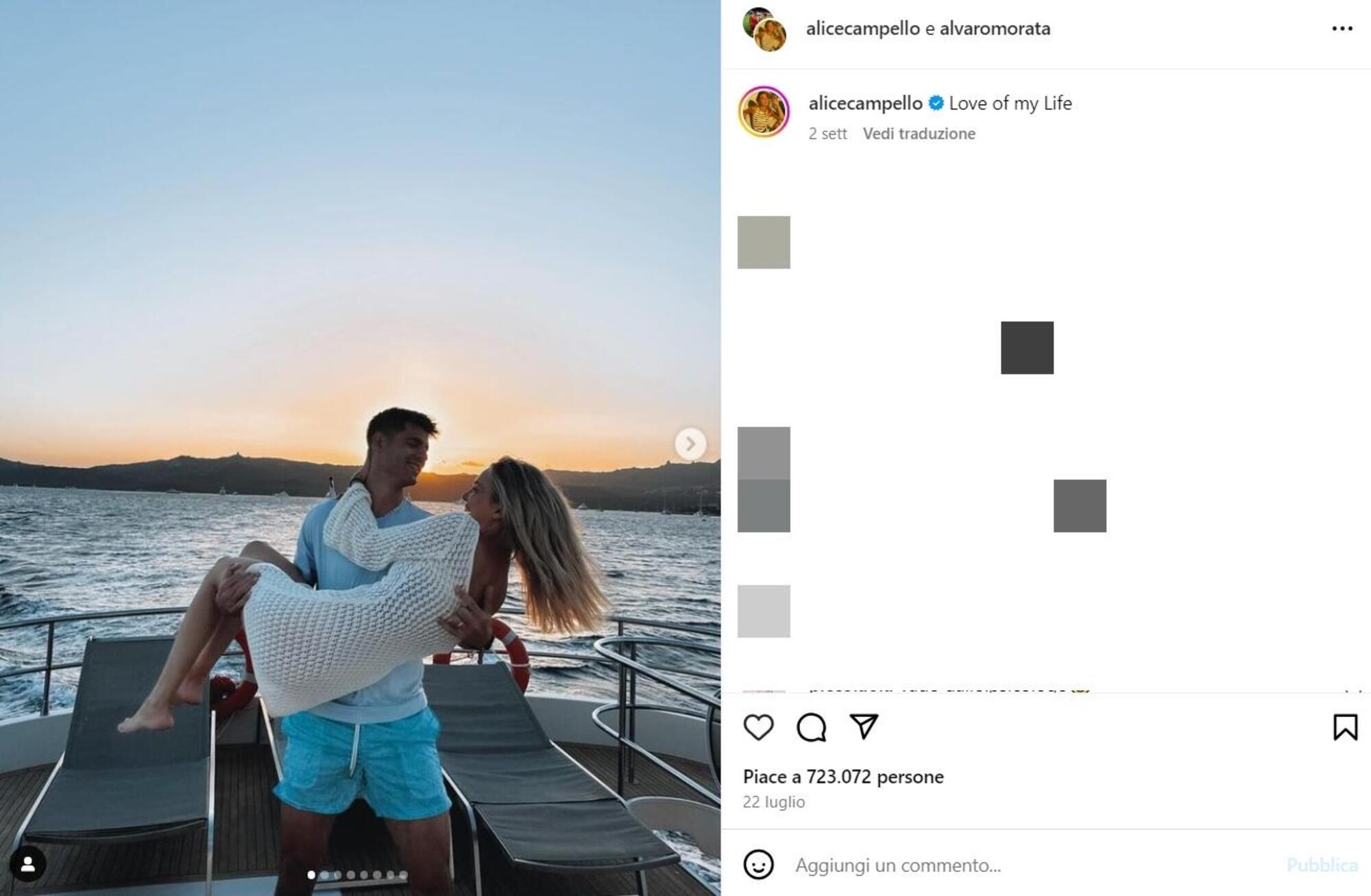 Il post in cui Alice Campello definisce Alvaro Morata &quot;l&#039;amore della mia vita&quot;