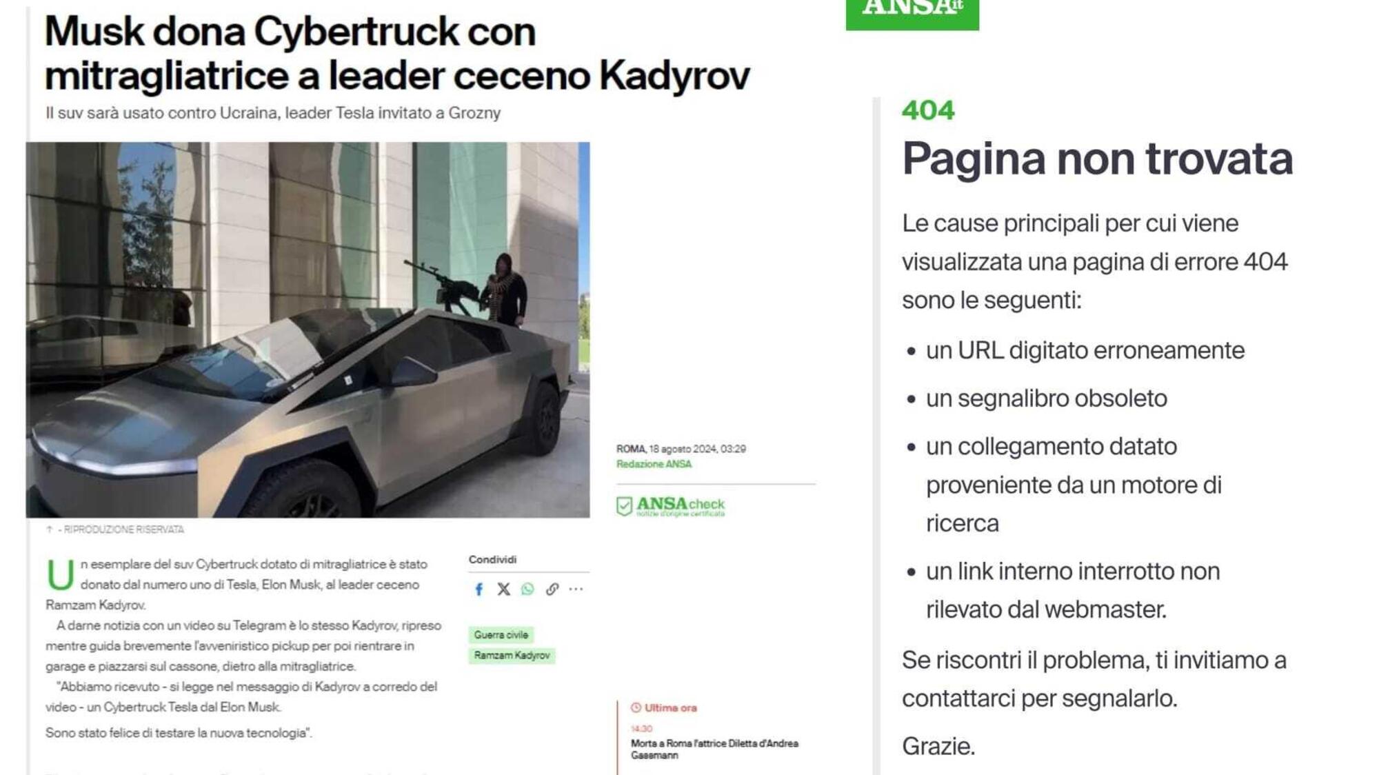 Articolo dell&#039;Ansa del 18 agosto sul caso Musk - Tesla &quot;donata&quot; a Kadyrov (a sinistra) e l&#039;errore 404 che appare invece oggi, cercando lo stesso articolo (a destra) dopo che &egrave; stato cancellato