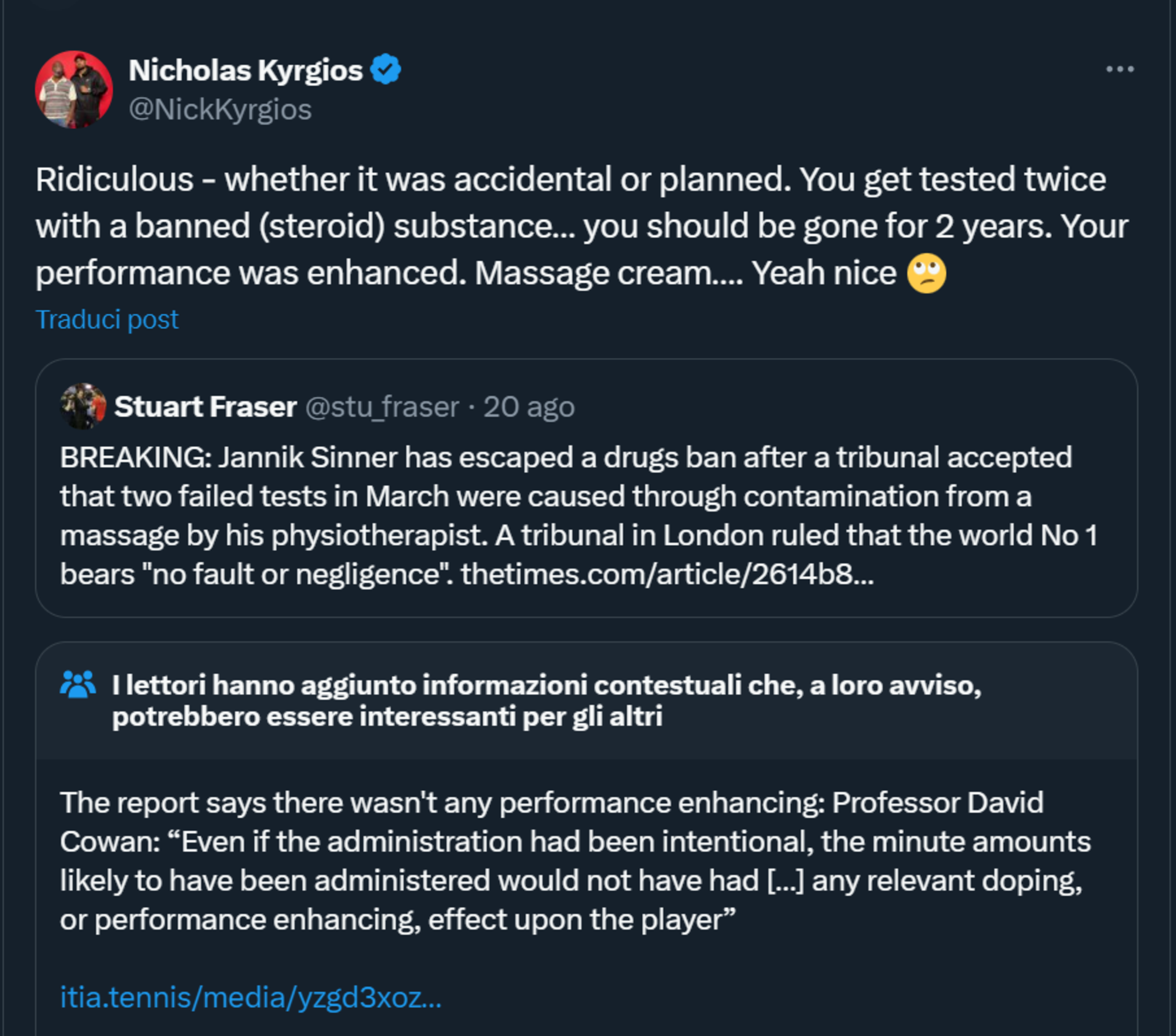 Il tweet (smentito) di Nick Kyrgios