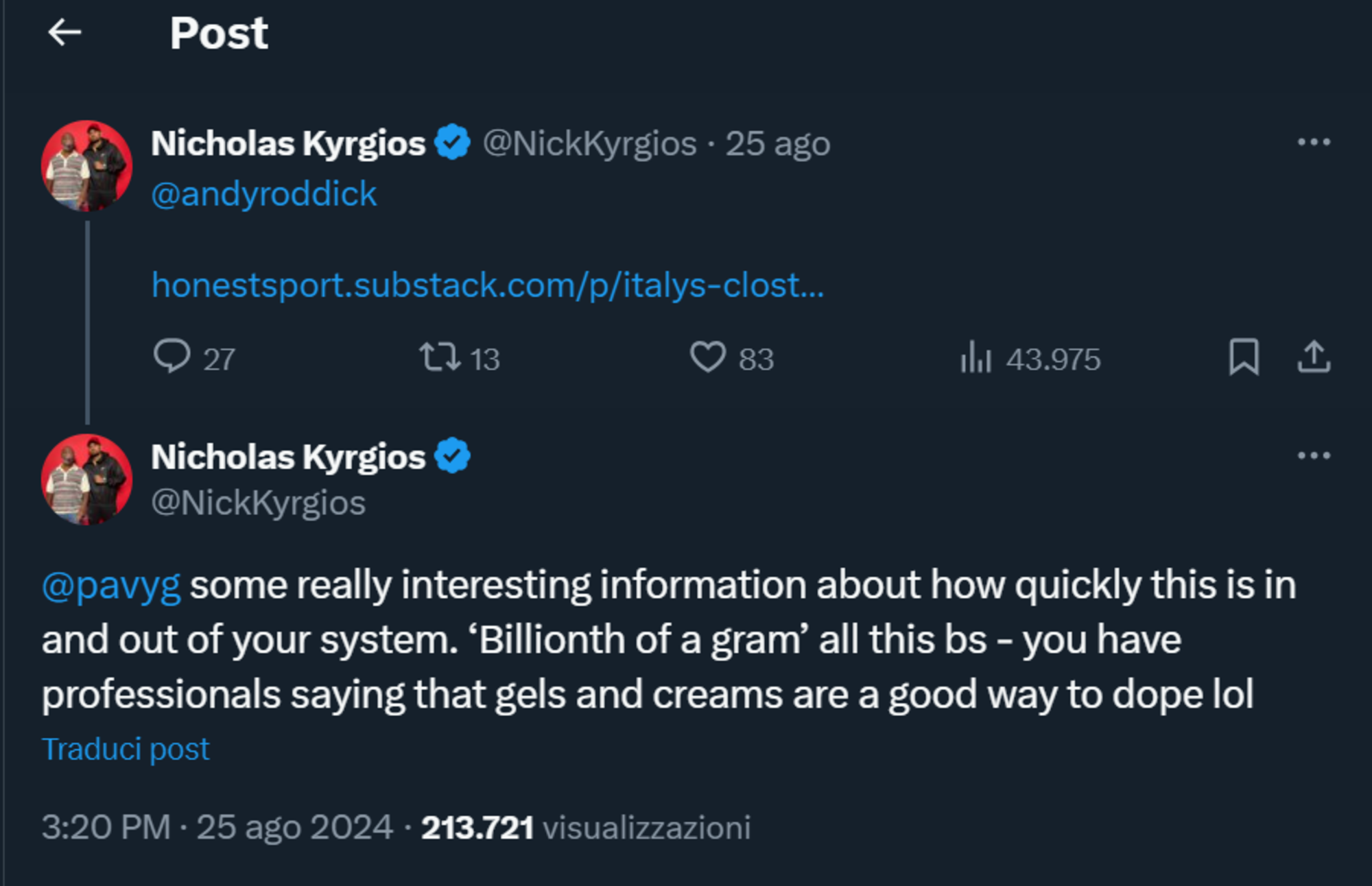 Un altro tweet di Kyrgios