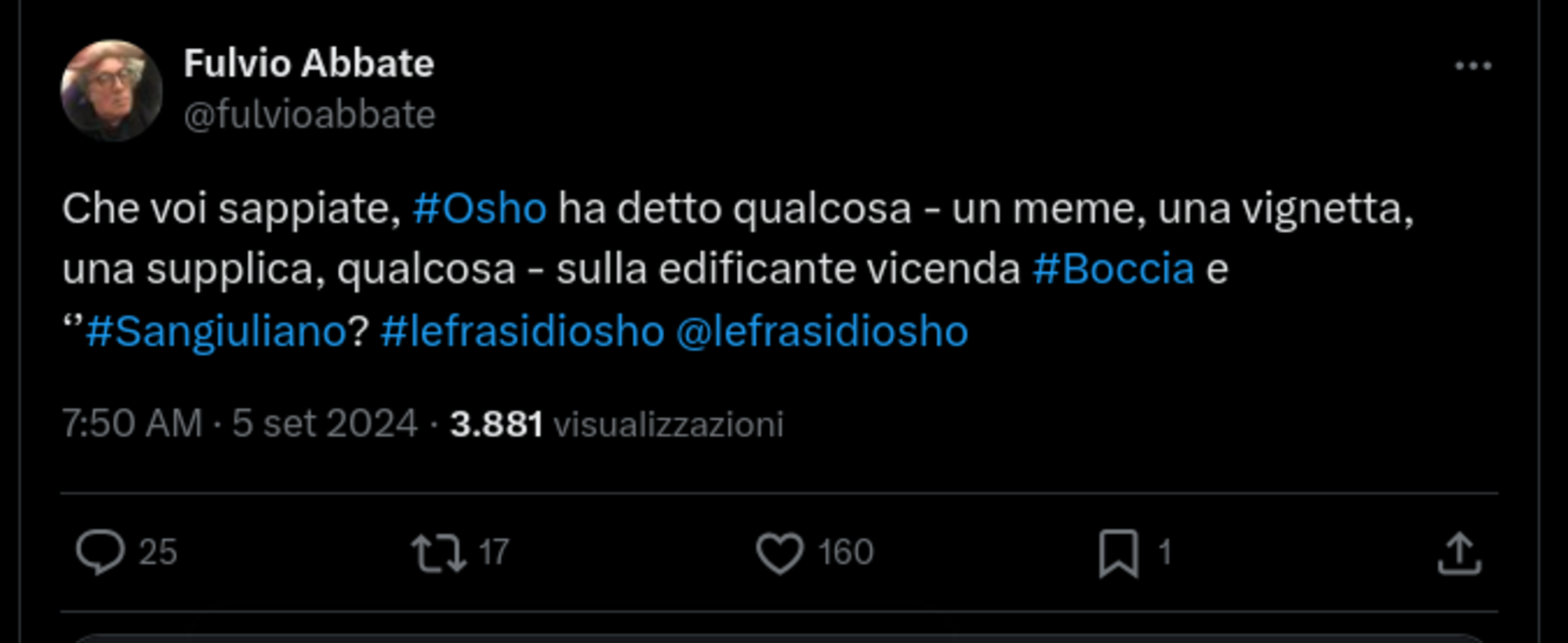 Il tweet di Fulvio Abbate su Le frasi di Osho (Federico Palmaroli)