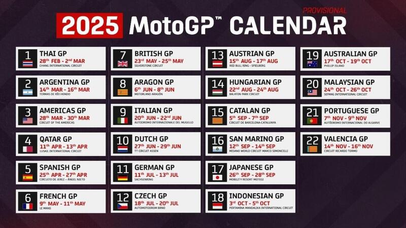 MotoGP 2025. Ecco il calendario MotoGP del 2025: da fine febbraio a met&agrave; novembre, nessuna tripla!