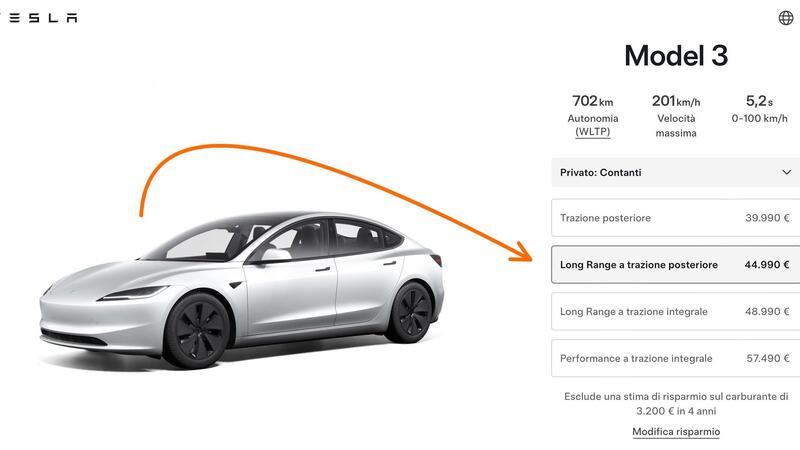 Tesla: arriva la Model 3 Long Range a trazione posteriore, con 702 km di autonomia