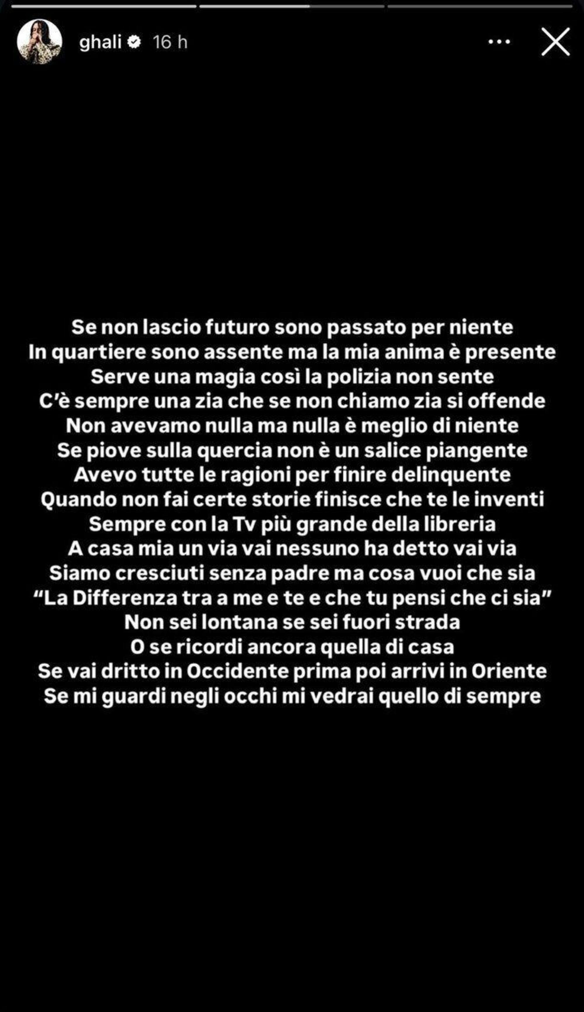 La parte di &quot;Niente panico&quot; condivisa nelle storie da Ghali 