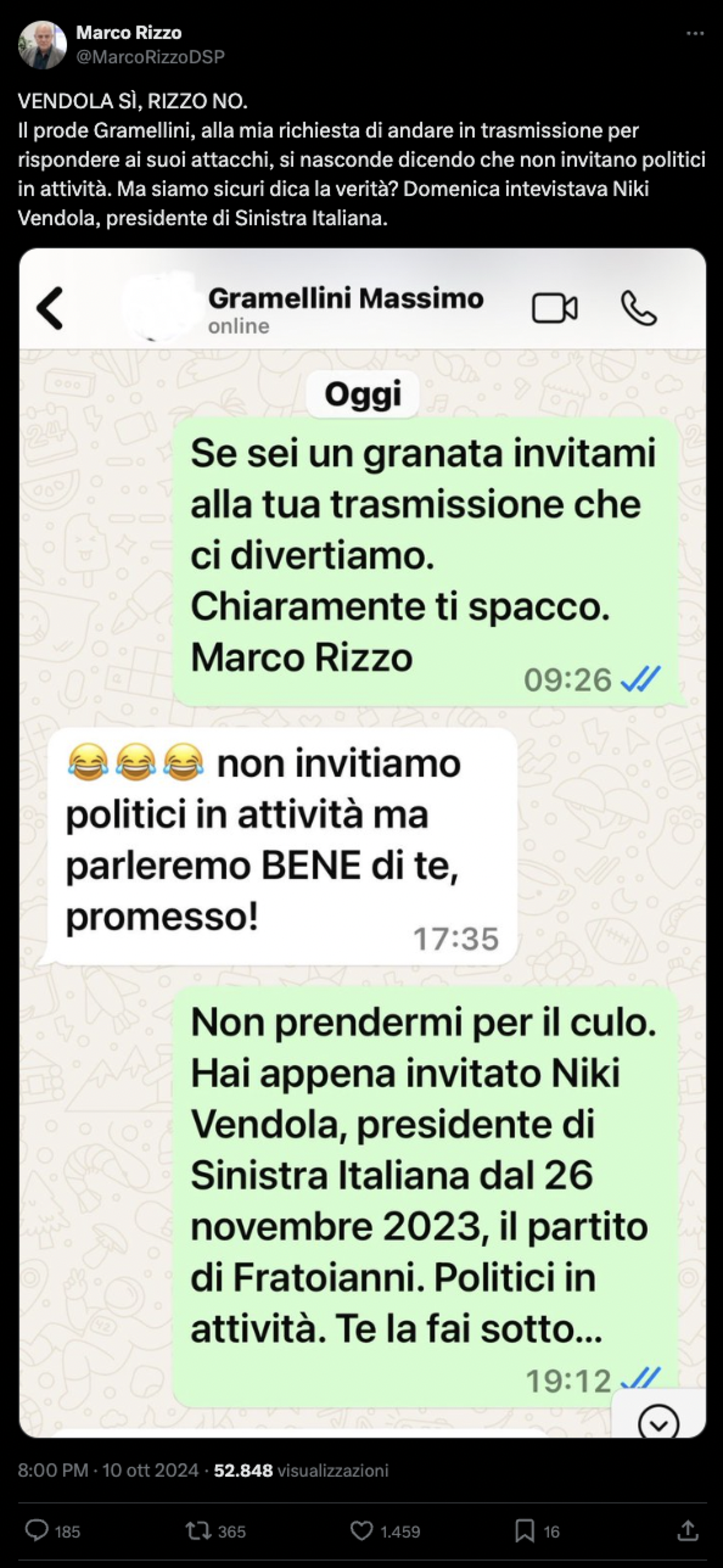 L&#039;autoinvito di Rizzo e la risposta di Gramellini su WhatsApp