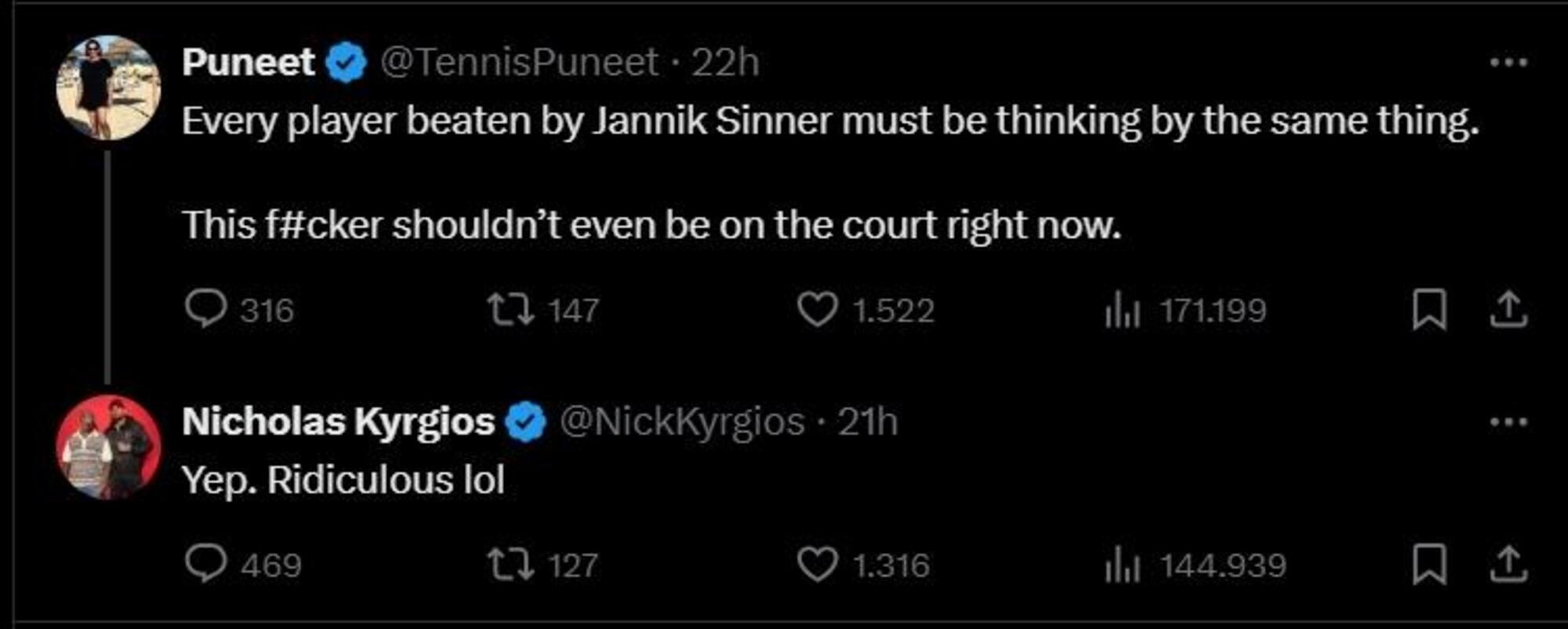 Il nuovo tweet di Kyrgios contro Sinner