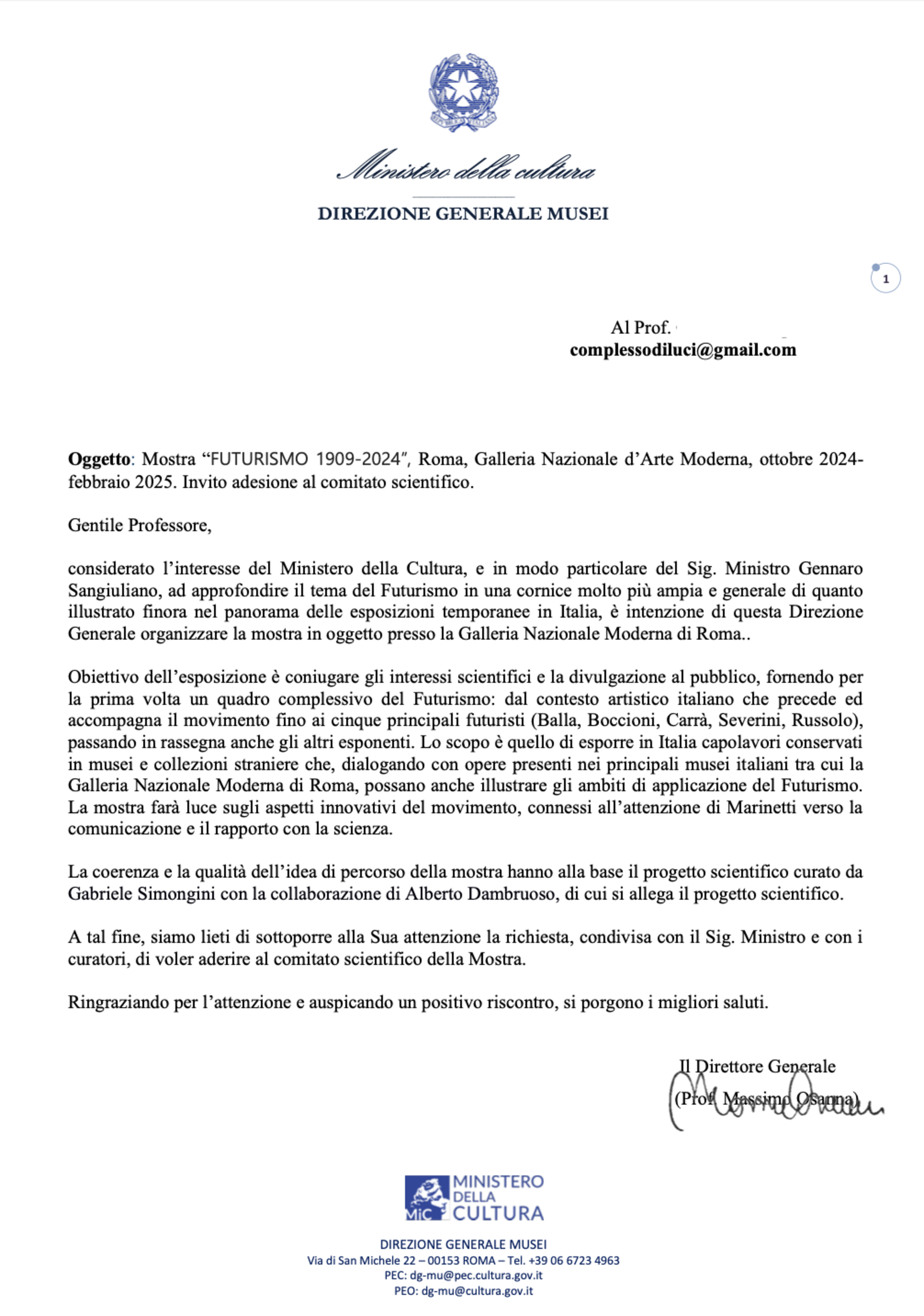 L&#039;invito ad &quot;aderire&quot; al Comitato scientifico della mostra, e-mail del 26 ottobre 2023