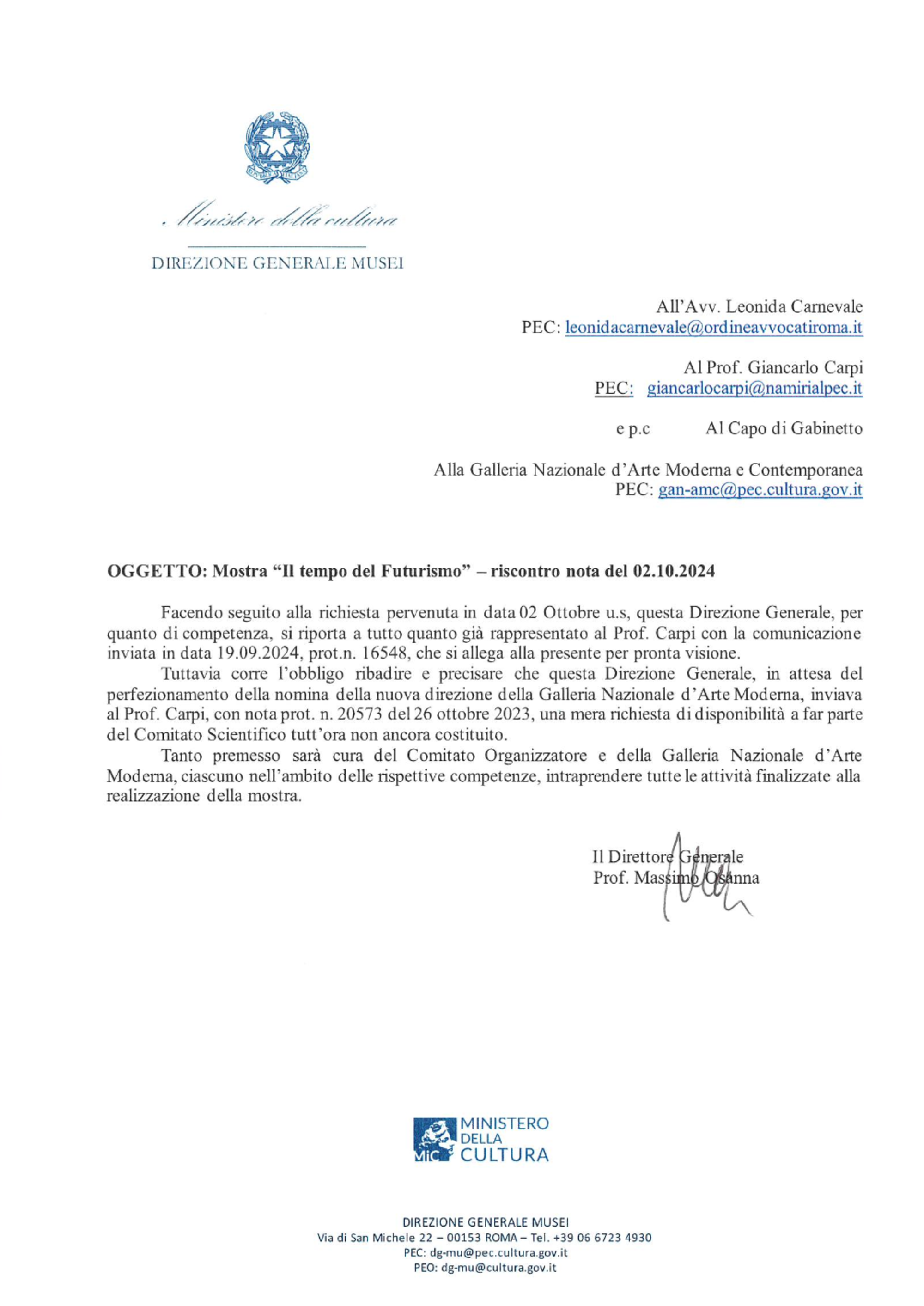 La risposta dalla Direzione generale dei musei nazionali (afferente al MiC) sull&#039;estromissione degli esperti chiamati ad aderire al Comitato scientifico il 26 ottobre 2023