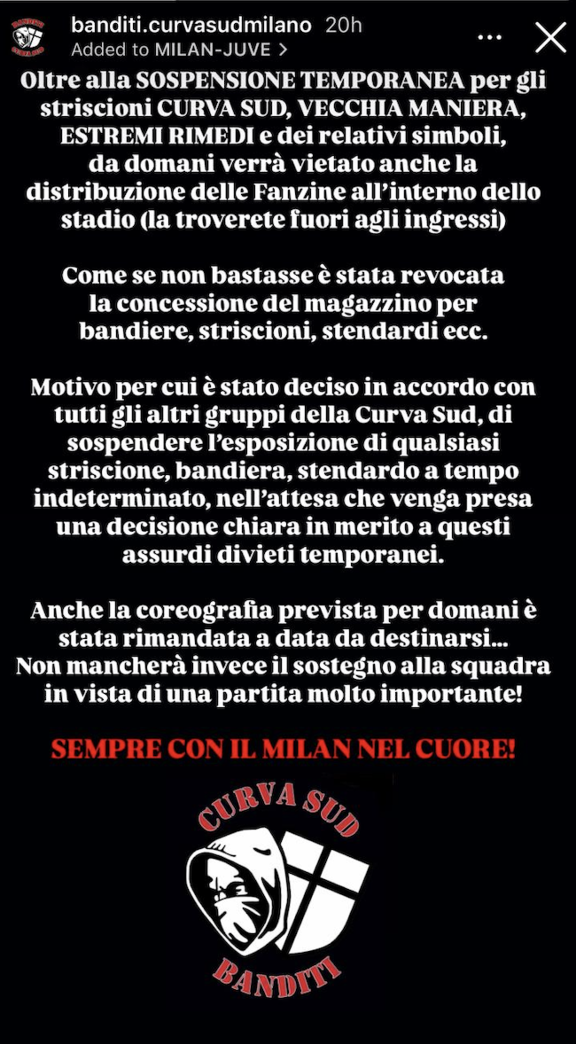 Il comunicato dei Banditi della curva Sud del Milan prima della partita contro la Juventus