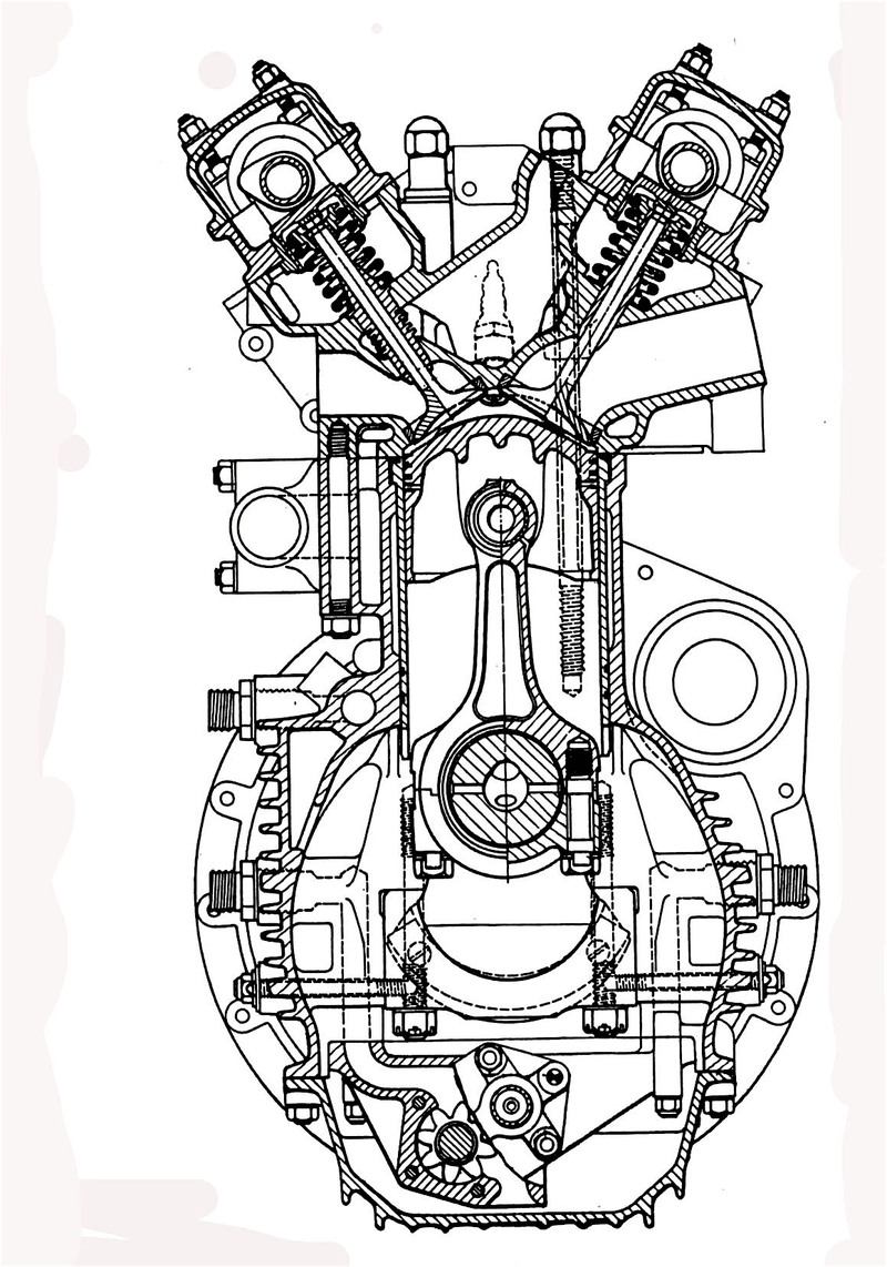 La sezione del motore Coventry Climax FPF che ha consentito alla Cooper di vincere il titolo mondiale piloti nel 1959 e nel 1960 con Jack Brabham. Pure in questo caso le guide delle valvole di scarico sono lambite dall&rsquo;acqua nella zona centrale. I cappelli di banco sono fissati con quattro viti, due delle quali disposte trasversalmente