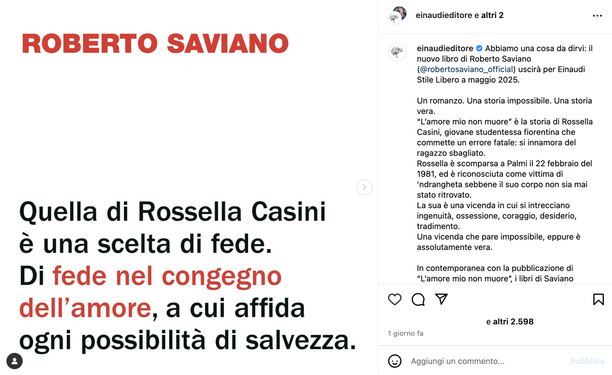 L&#039;annuncio del nuovo libro di Roberto Saviano