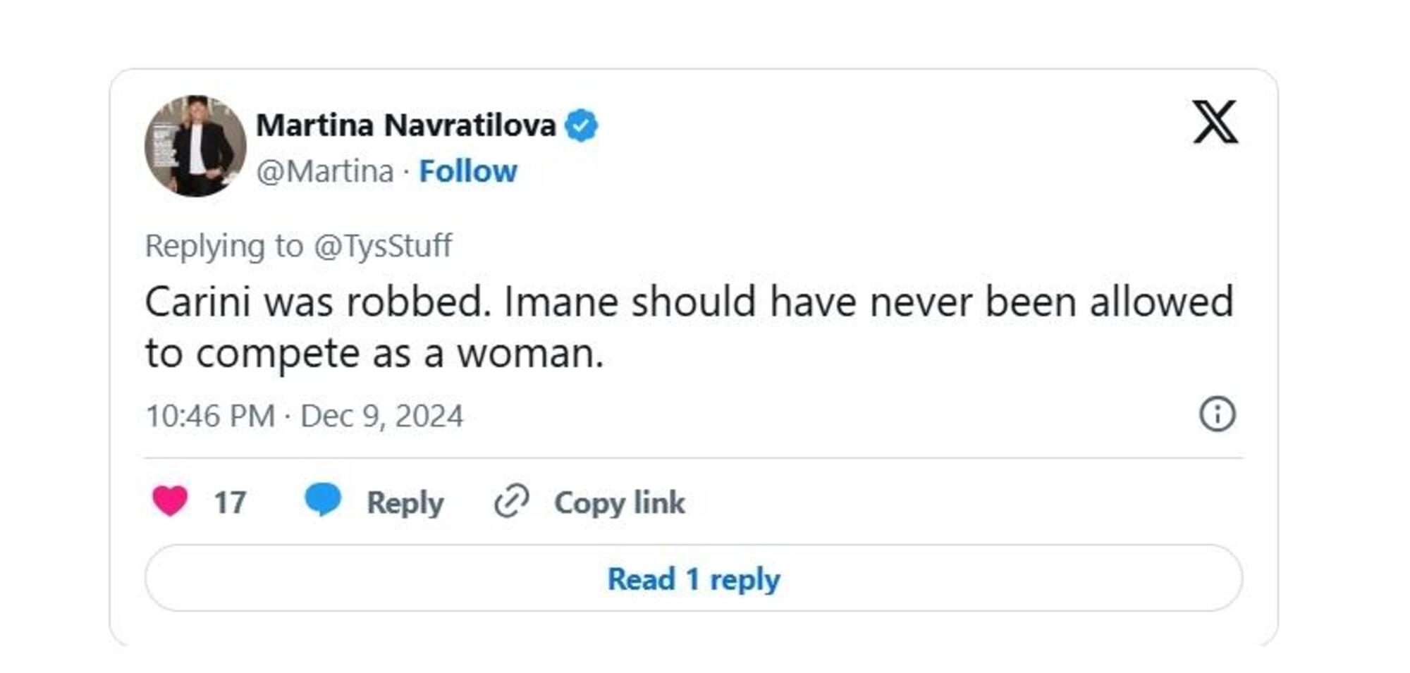 Il tweet di Martina Navratilova su Angela Carini