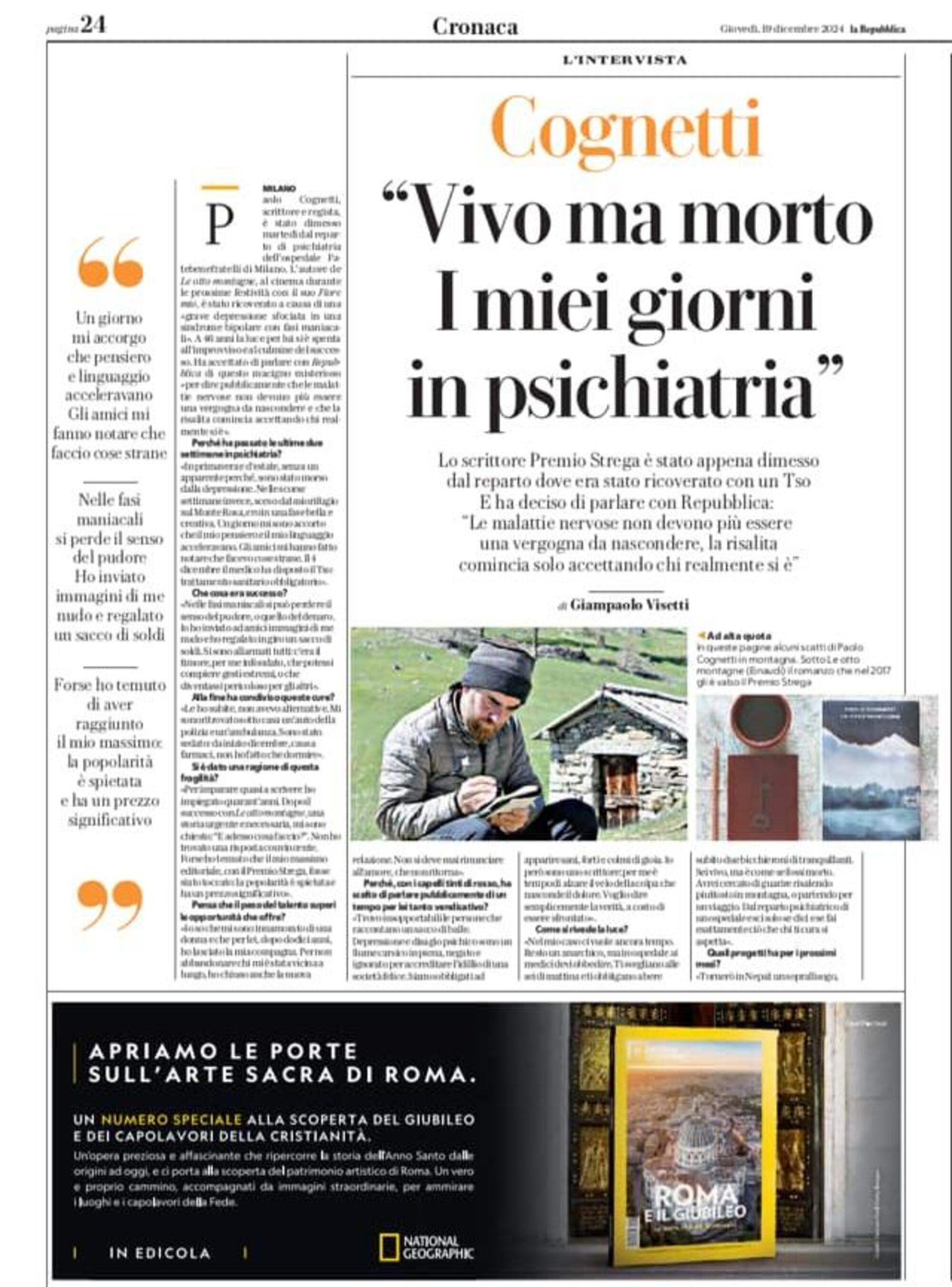 L&#039;intervista a Repubblica dello scrittore Paolo Cognetti