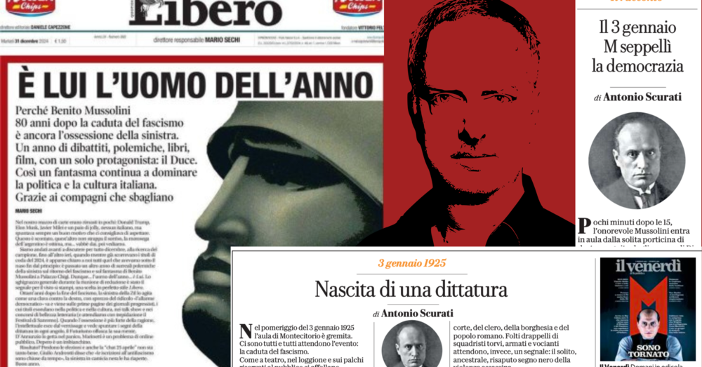 Repubblica e Venerd&igrave;, prime pagine dedicate a Scurati, fascismo e &ldquo;M&rdquo;, la serie con Luca Marinelli? Aveva ragione Libero a scegliere Mussolini come uomo dell&rsquo;anno 