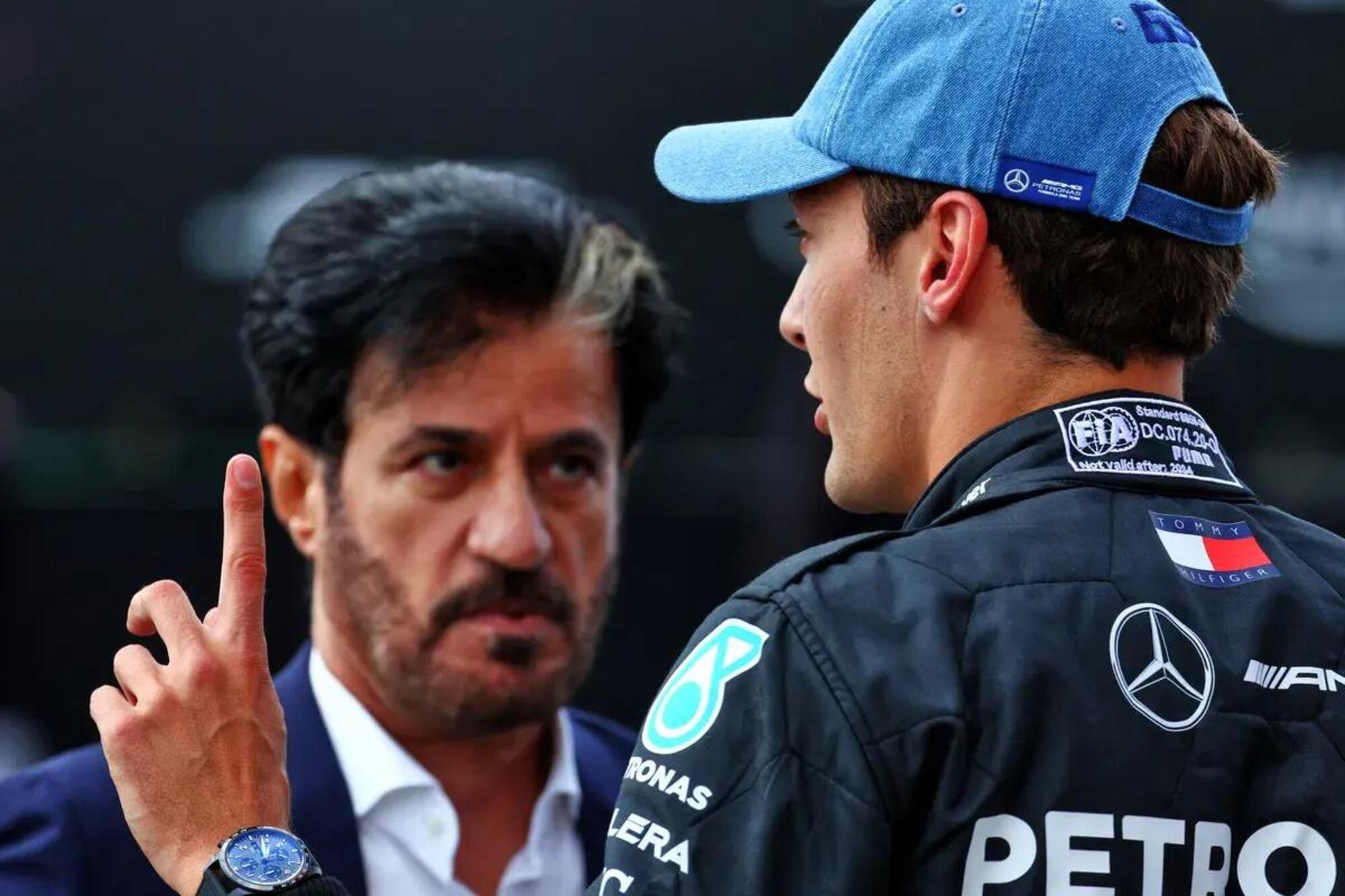 George Russell a colloquio con Mohammed Ben Sulayem, il presidente della FIA