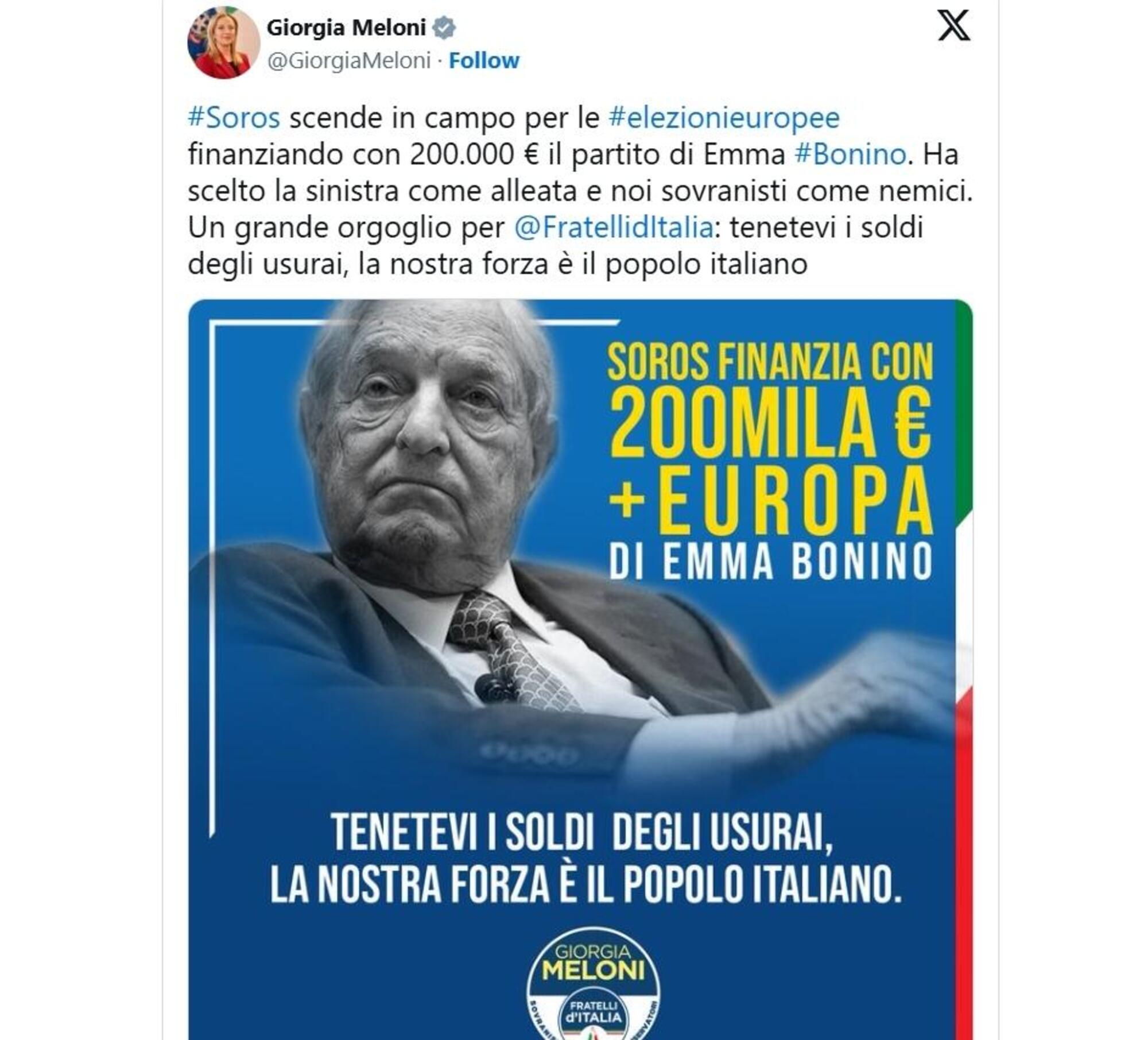 Uno degli attacchi passati di Meloni a Soros