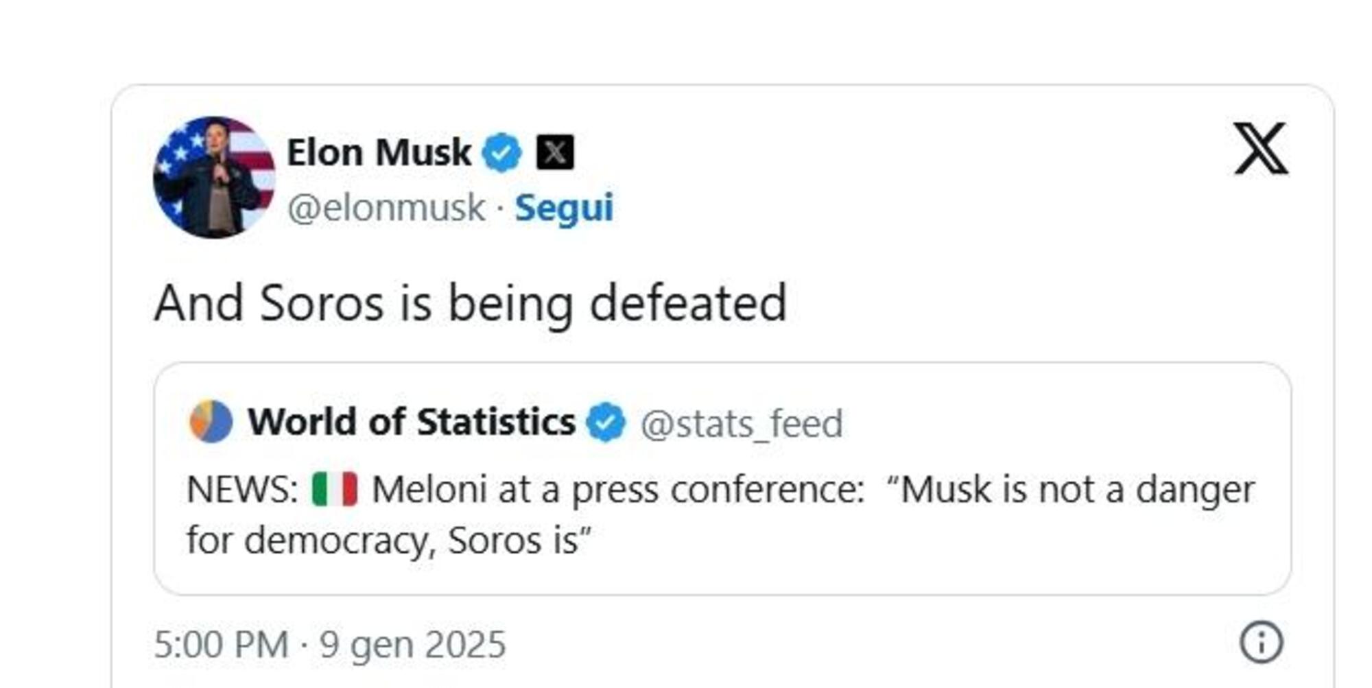 Il commento di Musk sulle dichiarazioni su Soros di Giorgia Meloni