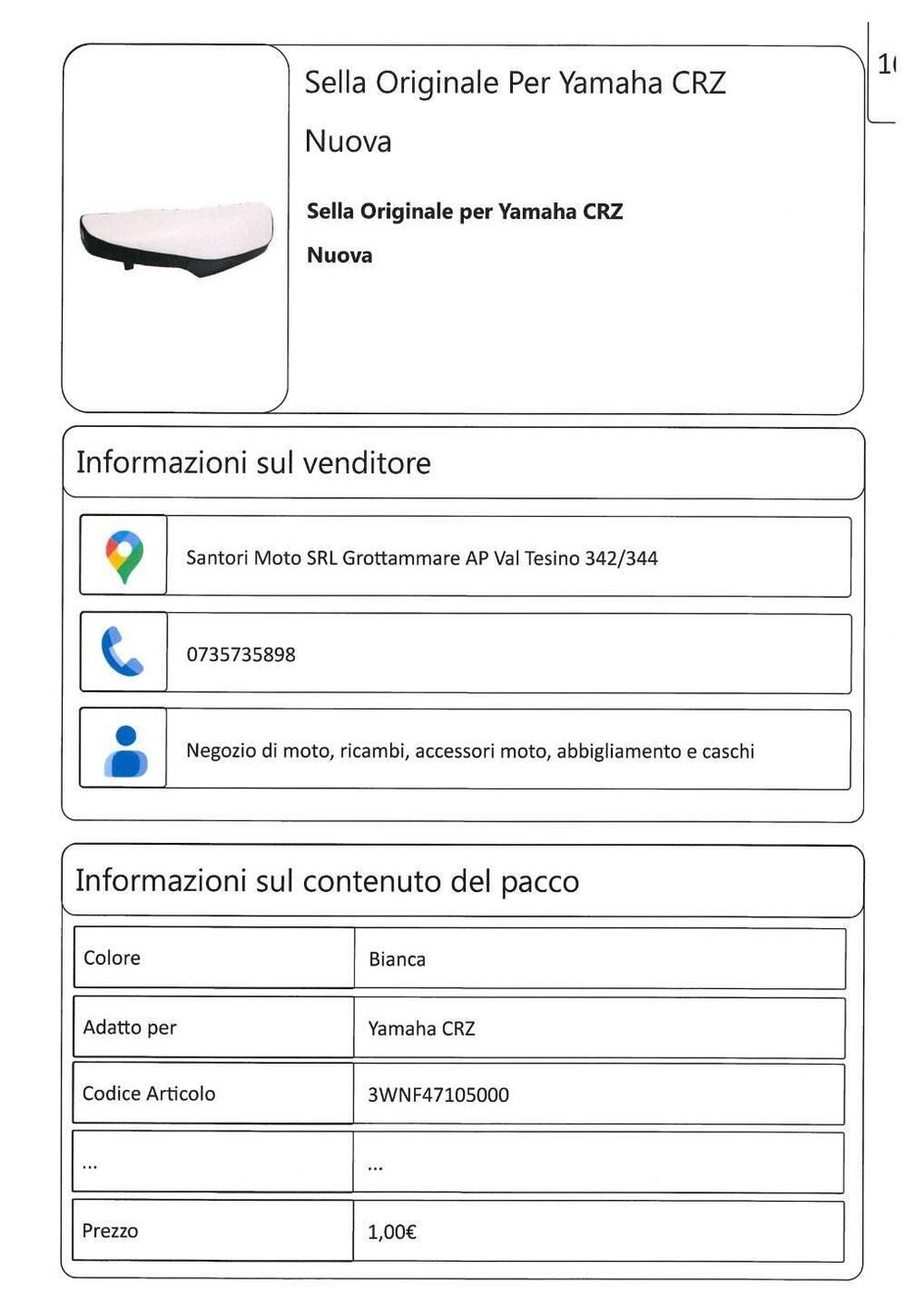 Sella Originale Per Yamaha CRZ Nuova