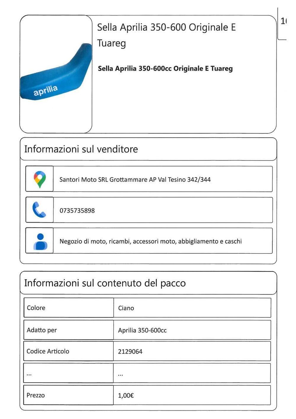Sella Aprilia 350-600 Originale E Tuareg