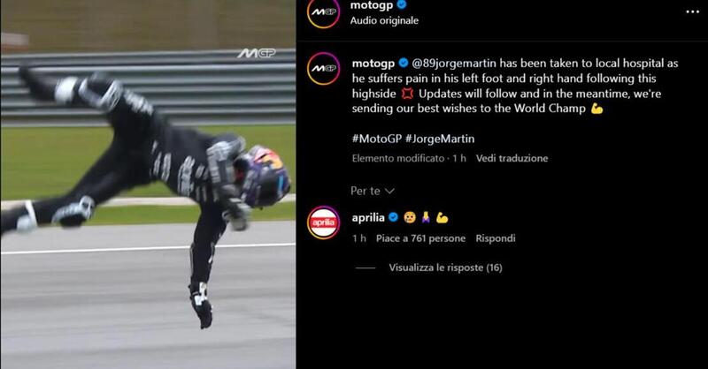 MotoGP 2025. Test di Sepang. Highside per Jorge Martin: fratturati un piede e una mano, si deve operare [VIDEO dell&#039;incidente]