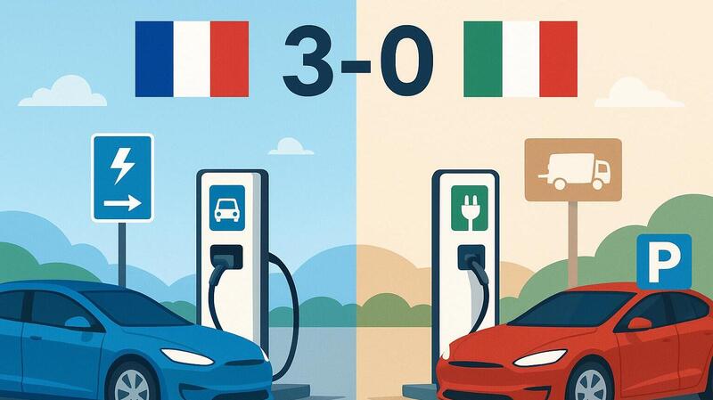 Francia batte Italia 3-0: ricaricare l&rsquo;auto elettrica &egrave; pi&ugrave; facile, pi&ugrave; veloce e molto pi&ugrave; economico