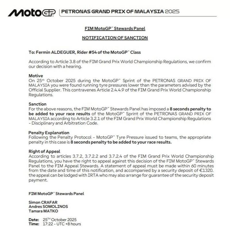 La sanzione ad Aldeguer