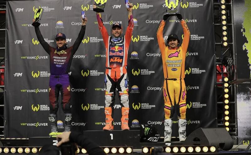 Il podio di Vancouver. Da sinistra: Roczen, Tomac, Anderson