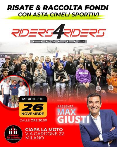 Max Giusti da Ciapa la Moto a Milano: serata benefica con asta di cimeli sportivi per Riders4Riders