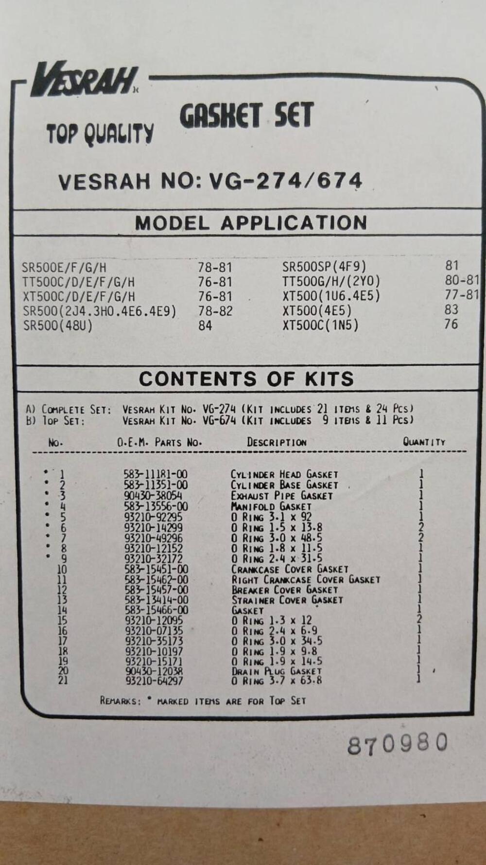 701115/8 KIT GUARNIZIONI YAMAHA (2)