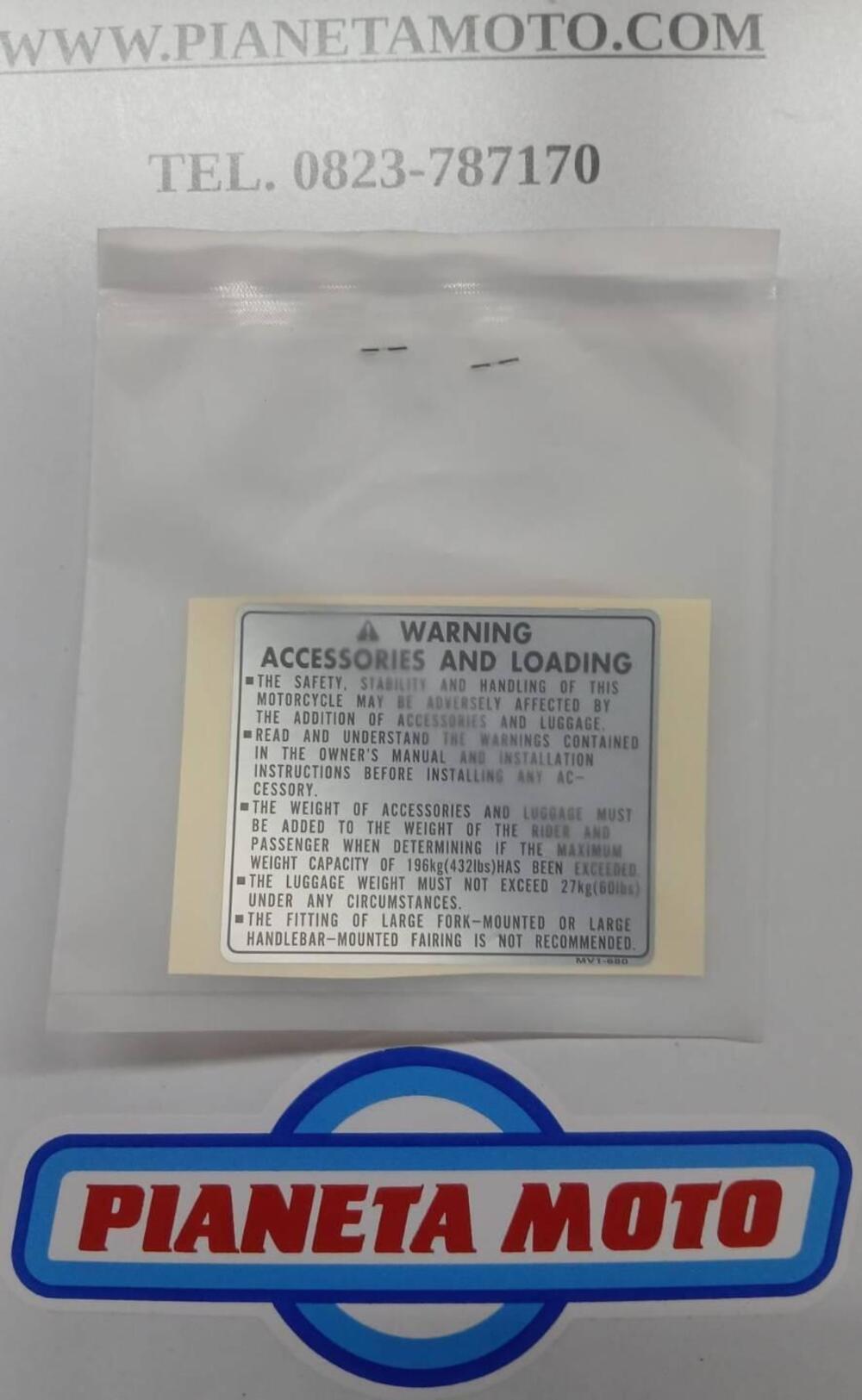 87512MV1680 ETICHETTA CARICO EDACCESSORI HONDA AFR