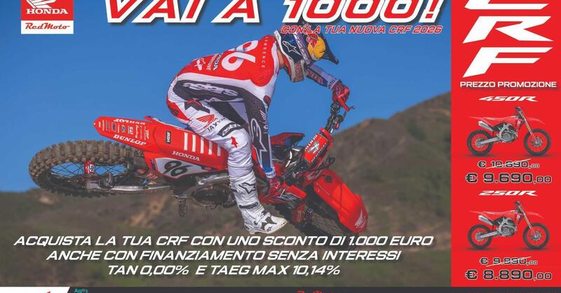 Honda CRF 2026: mille euro di sconto e finanziamento a tasso zero per la stagione motocross