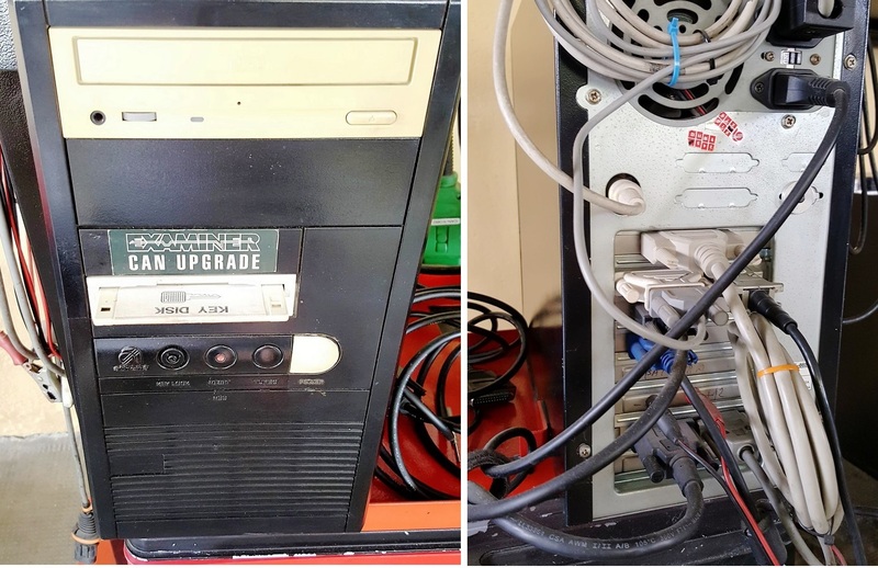 Un PC anni Novanta, allestito per uso autodiagnosi di vetture non solo italiane: fronte con dischetti e retro con prese seriali, parallele e dedicate (K-line e CAN, mantenendo Win95)