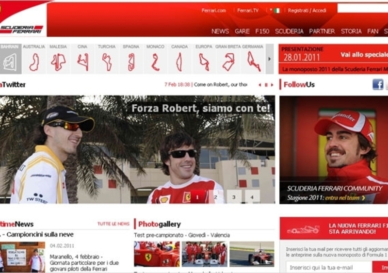 Kubica: sul sito ufficiale gli auguri della Ferrari