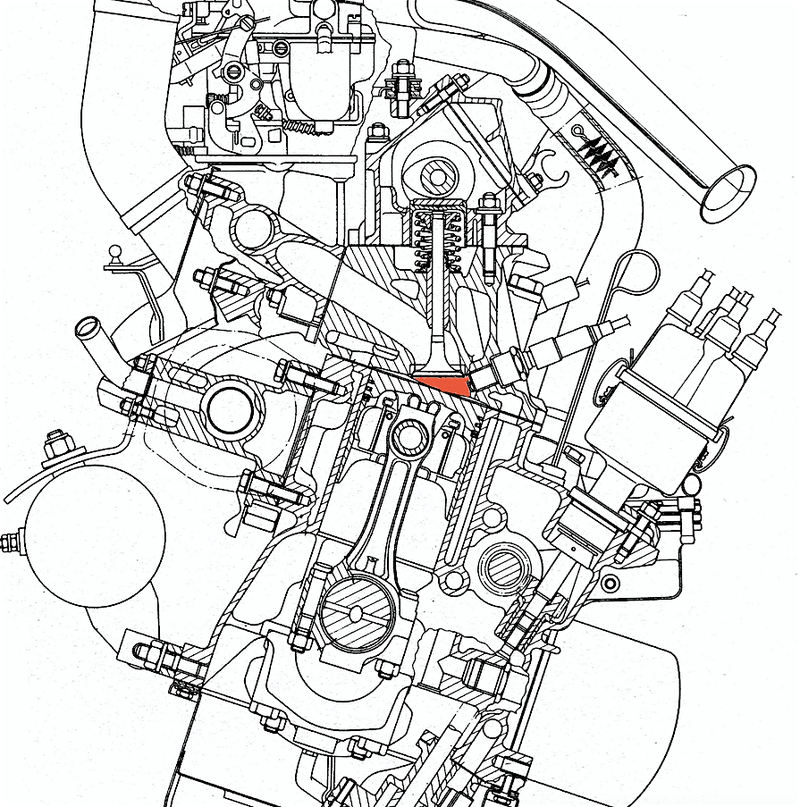 Questa sezione mostra la camera a cuneo impiegata nel motore Fiat 128, entrato in produzione nel 1969. Le valvole sono inclinate rispetto all&rsquo;asse del cilindro. La distribuzione &egrave; a singolo albero a camme in testa, mosso da una cinghia dentata