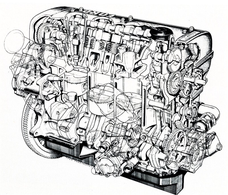 Lo spaccato consente di osservare le principali caratteristiche costruttive del Cosworth FVA a quattro cilindri di 1,6 litri che ha esordito nel 1966. Il basamento in ghisa con canne integrali &egrave; quello di un motore Ford di serie