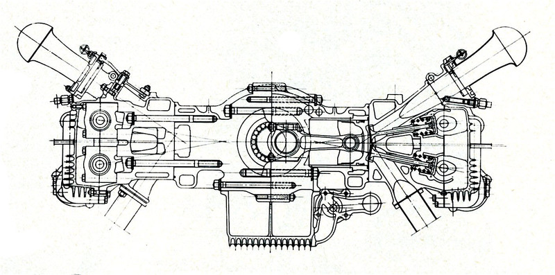 La sezione del motore Ferrari a dodici cilindri contrapposti di Formula Uno. Si possono tra l&rsquo;altro notare il ridotto angolo tra le valvole (solo 20&deg;), le canne dei cilindri riportate, con la parte superiore &ldquo;umida&rdquo;. (Immagine da rivista ATA)