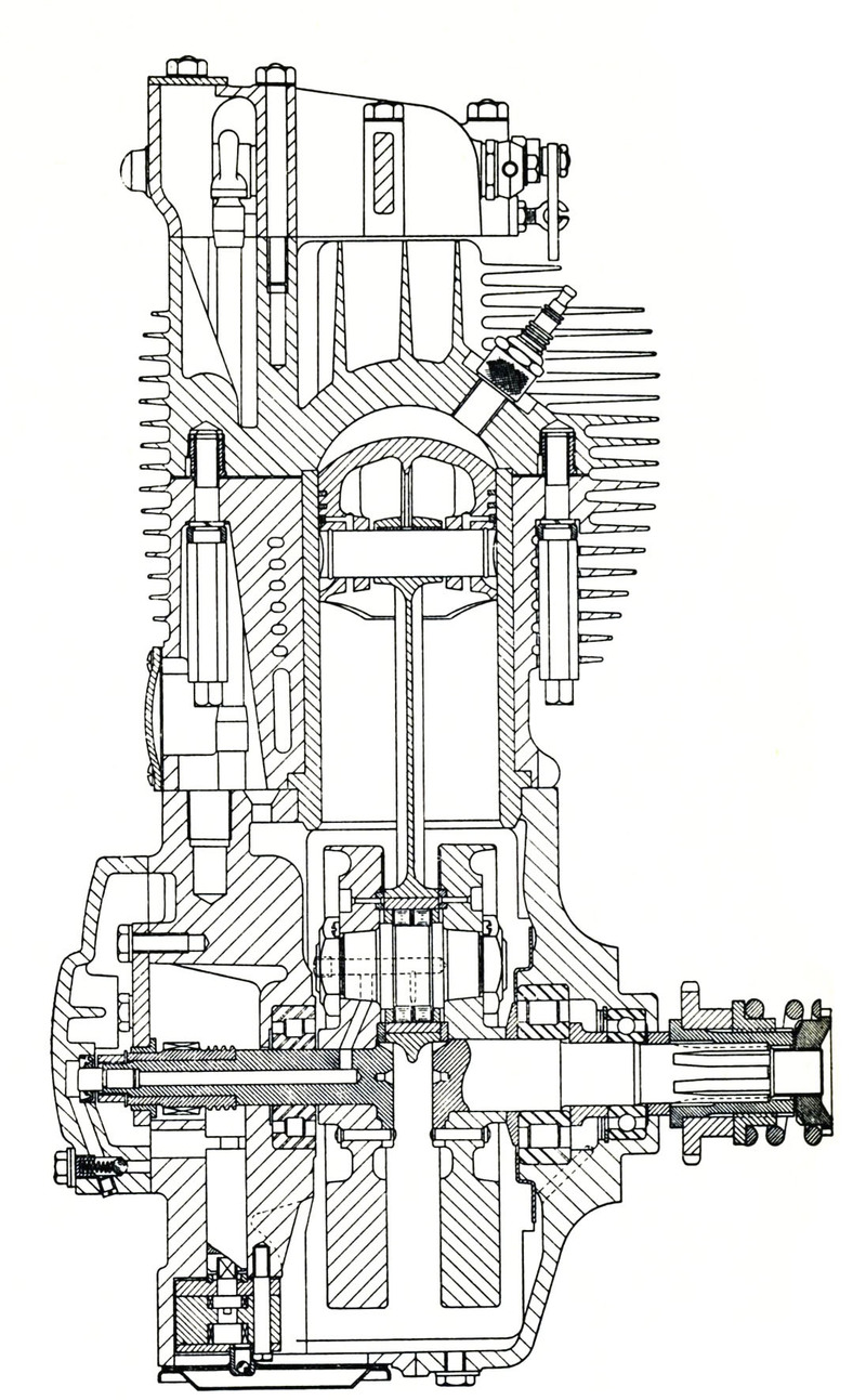 Sezione del motore BSA DB 32, versione di 350 cm3 della Gold Star. Si possono notare i tre cuscinetti di banco (due a rulli pi&ugrave; un terzo, di minori dimensioni, a sfere) e l&rsquo;albero a gomito in cinque parti