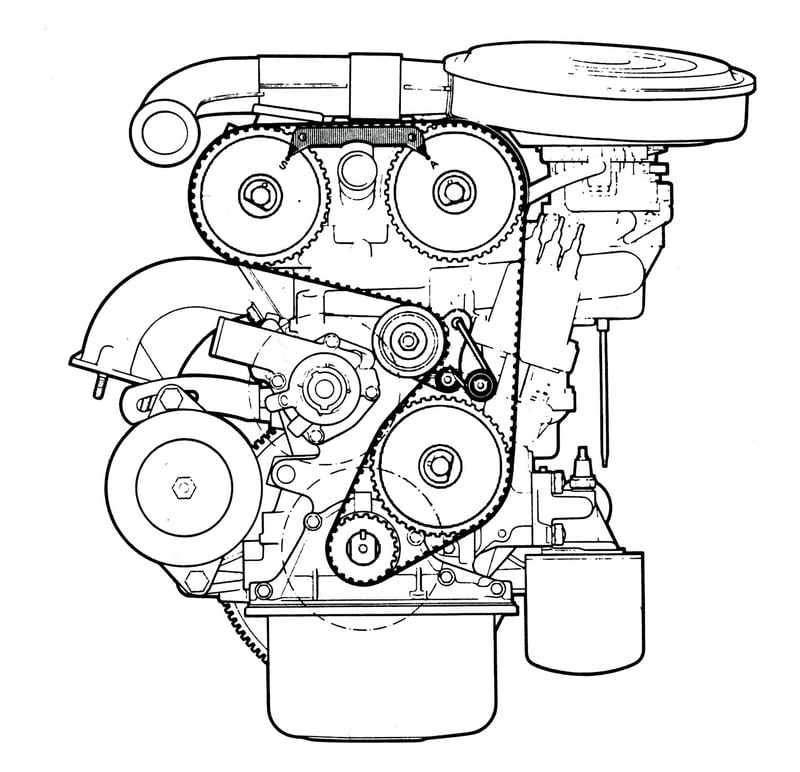 La grande diffusione dei comandi della distribuzione a cinghia dentata &egrave; cominciata nel 1966. Questa immagine mostra il percorso della cinghia nel motore Fiat 124 AC; sono ben visibili il galoppino di tensionamento e di guida e la puleggia intermedia, che provvede ad azionare la pompa dell&rsquo;olio e il distributore di accensione