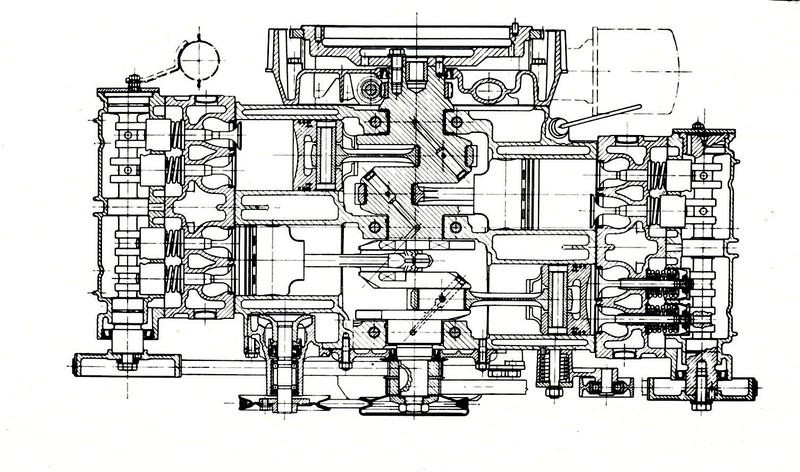 In questa sezione in pianta del motore Alfasud a quattro cilindri contrapposti si pu&ograve; ben notare, tra l&rsquo;altro, la disposizione delle pulegge sulle quali si avvolgono le due cinghie di comando della distribuzione